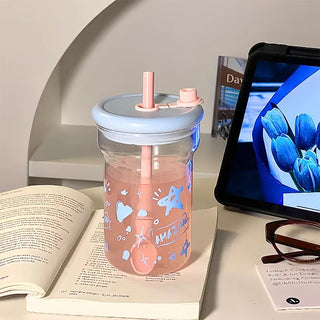 Kawaii Star Glass Bottle – 560ml Aesthetic Tumbler with Lid & Straw