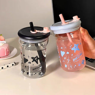 Kawaii Star Glass Bottle – 560ml Aesthetic Tumbler with Lid & Straw