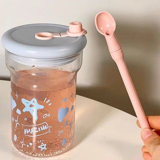 Kawaii Star Glass Bottle – 560ml Aesthetic Tumbler with Lid & Straw