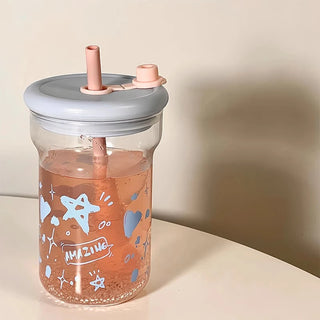 Kawaii Star Glass Bottle – 560ml Aesthetic Tumbler with Lid & Straw