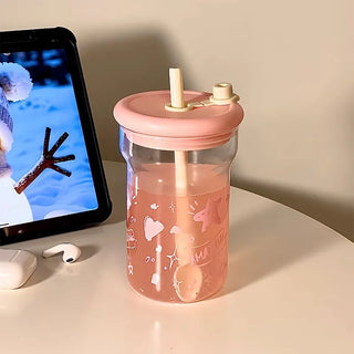 Kawaii Star Glass Bottle – 560ml Aesthetic Tumbler with Lid & Straw