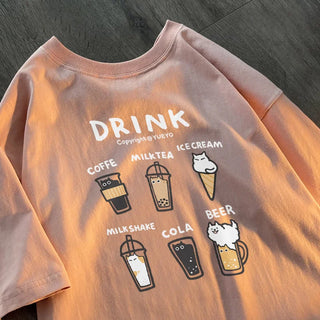 Korean Drink Cat T-Shirt – Loose Fit Cartoon Tee