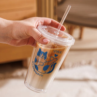 Nyangheayo 'Meow Love You' Korean Clear Double Layer Tumbler Cup Bottle with Straw