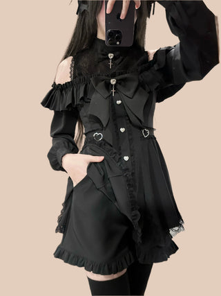 Off-Shoulder Lace Bow Shirt Dress & Shorts Set