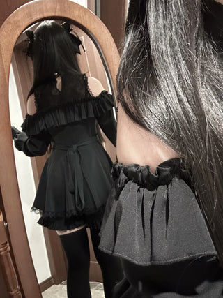 Off-Shoulder Lace Bow Shirt Dress & Shorts Set