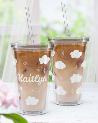 Personalized Name Cloud Cup with Straw | 16oz Clear Insulated Tumbler, Aesthetic  Iced Coffee Cup, Birthday Gift for Girls, Custom Name Gift