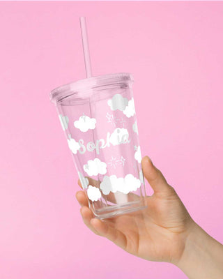 Personalized Name Cloud Cup with Straw | 16oz Clear Insulated Tumbler, Aesthetic  Iced Coffee Cup, Birthday Gift for Girls, Custom Name Gift