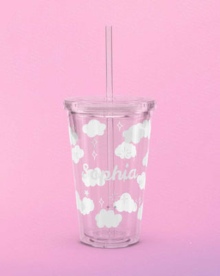 Personalized Name Cloud Cup with Straw | 16oz Clear Insulated Tumbler, Aesthetic  Iced Coffee Cup, Birthday Gift for Girls, Custom Name Gift