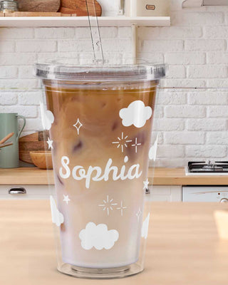 Personalized Name Cloud Cup with Straw | 16oz Clear Insulated Tumbler, Aesthetic  Iced Coffee Cup, Birthday Gift for Girls, Custom Name Gift