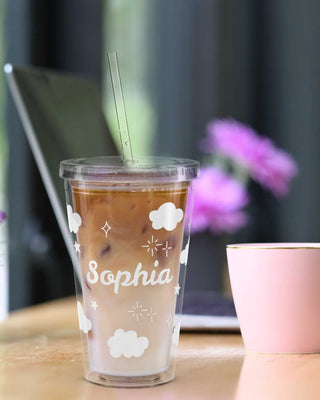 Personalized Name Cloud Cup with Straw | 16oz Clear Insulated Tumbler, Aesthetic  Iced Coffee Cup, Birthday Gift for Girls, Custom Name Gift