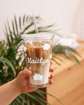 Personalized Name Cloud Cup with Straw | 16oz Clear Insulated Tumbler, Aesthetic  Iced Coffee Cup, Birthday Gift for Girls, Custom Name Gift