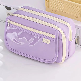 Pink 3-Compartment Pencil Case – Large Capacity Zipper Pouch