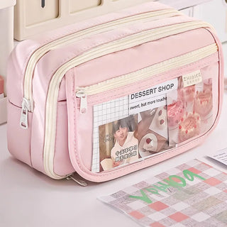 Pink 3-Compartment Pencil Case – Large Capacity Zipper Pouch