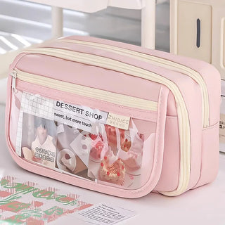 Pink 3-Compartment Pencil Case – Large Capacity Zipper Pouch