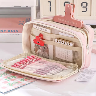 Pink 3-Compartment Pencil Case – Large Capacity Zipper Pouch