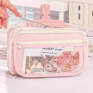 Pink 3-Compartment Pencil Case – Large Capacity Zipper Pouch