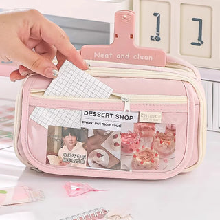 Pink 3-Compartment Pencil Case – Large Capacity Zipper Pouch
