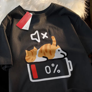 Retro Cat Print Loose T-Shirt – Comfy Summer Tee for Women (S–5XL)