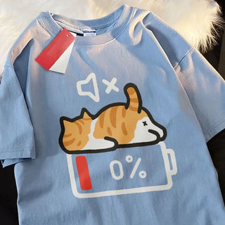 Retro Cat Print Loose T-Shirt – Comfy Summer Tee for Women (S–5XL)