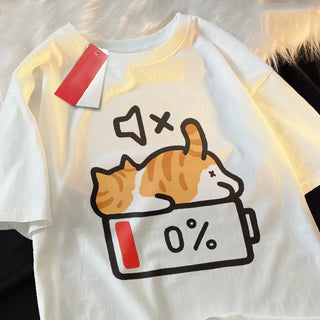 Retro Cat Print Loose T-Shirt – Comfy Summer Tee for Women (S–5XL)