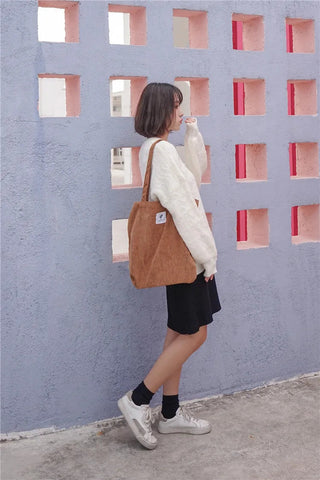 Simple INS Corduroy Shopping Tote Bag Bags by The Kawaii Shoppu | The Kawaii Shoppu
