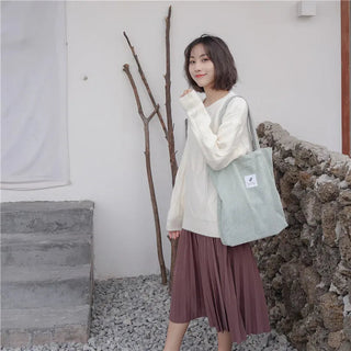 Simple INS Corduroy Shopping Tote Bag Bags by The Kawaii Shoppu | The Kawaii Shoppu