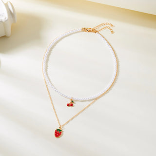 Strawberry Beaded Choker Necklace – Boho Y2K Summer Pearl Pendant