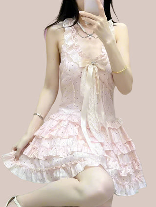 Sweet Kawaii Pink Polka Dot Frilly Y2K Dress