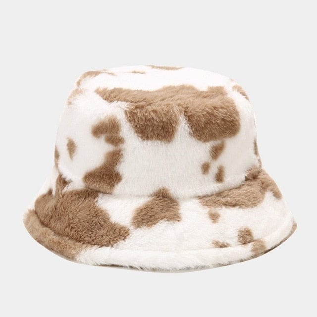 Cow Print Plush Bucket Hat Khaki Clothing and Accessories The Kawaii Shoppu