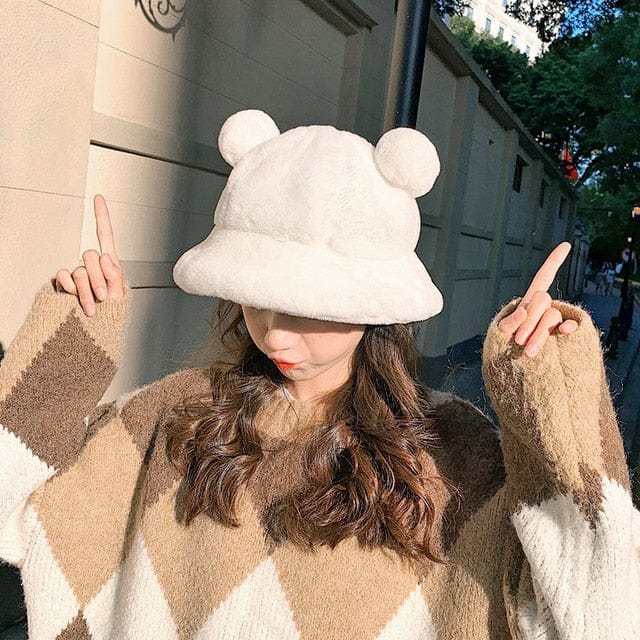 Fluffy Teddy Ears Bucket Hat White Clothing and Accessories The Kawaii Shoppu