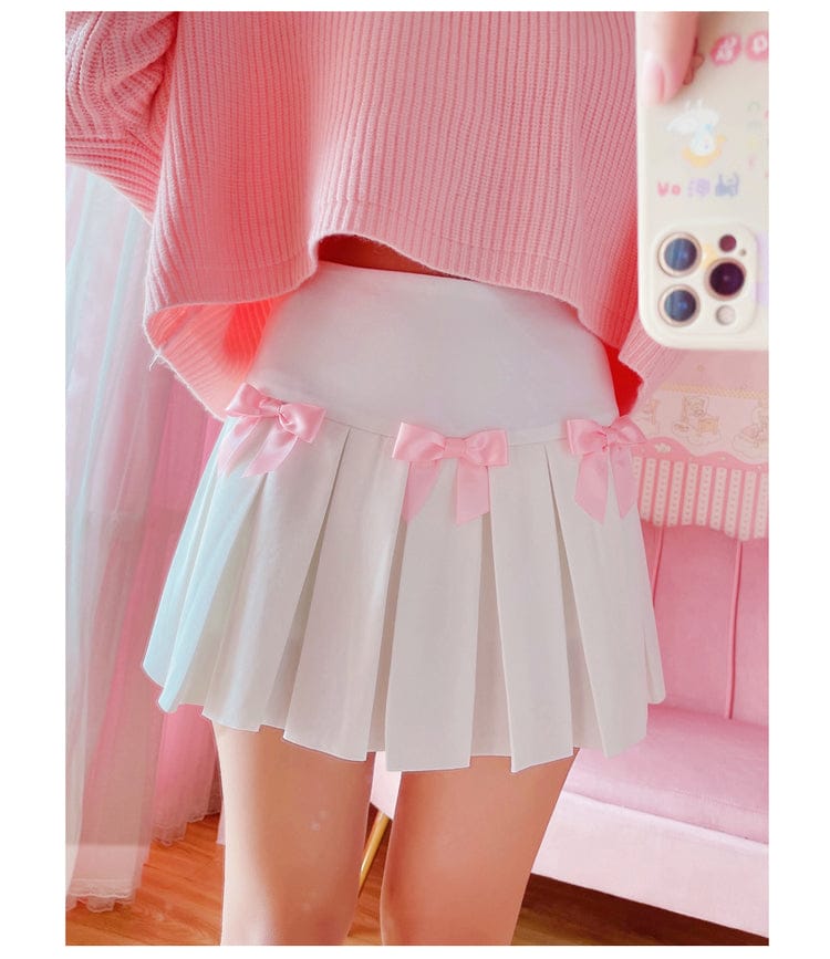 High Waist Mini Pleated Bow Skirt White Clothing and Accessories The Kawaii Shoppu