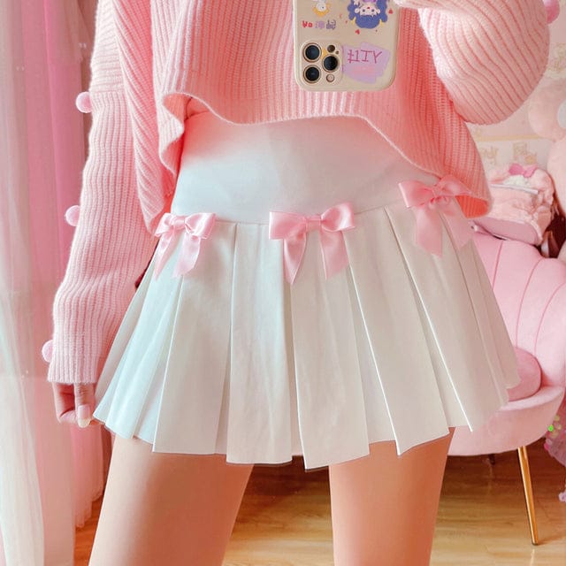 High Waist Mini Pleated Bow Skirt White S Clothing and Accessories The Kawaii Shoppu