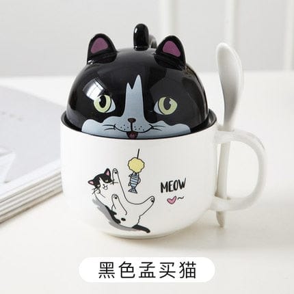 Kawaii Ceramic Pet Mug with Cover and Spoon Black Kitty 350ml null The Kawaii Shoppu