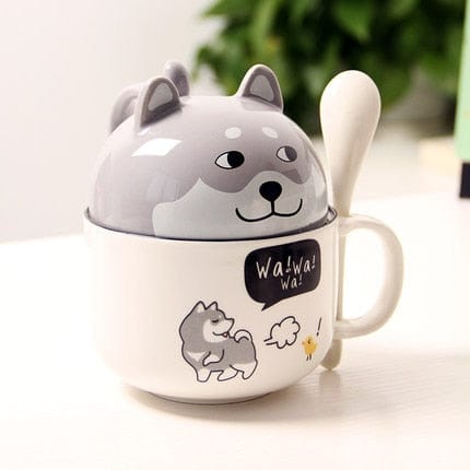 Kawaii Ceramic Pet Mug with Cover and Spoon Grey Dog 350ml null The Kawaii Shoppu