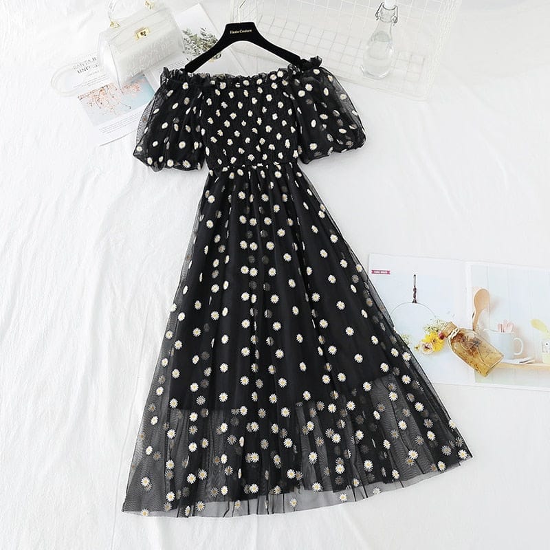 Kawaii Daisy Puff Sleeve Summer Dress - S - XL Black S Fashion The Kawaii Shoppu
