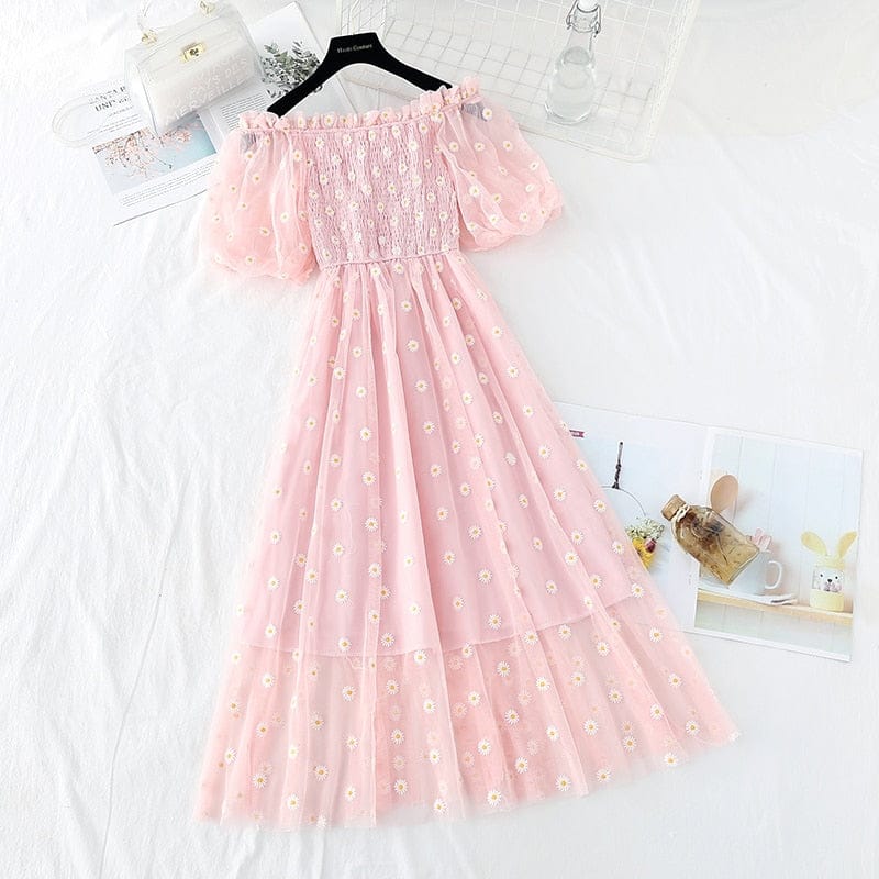 Kawaii Daisy Puff Sleeve Summer Dress - S - XL Pink S Fashion The Kawaii Shoppu