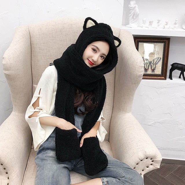 Kitty Ears Fluffy Winter Hat Scarf Black Fashion The Kawaii Shoppu