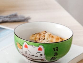 Multi-size Japanese Lucky Cat Round Ceramic Bowl 4.5 inch bowl Green Kitchen The Kawaii Shoppu
