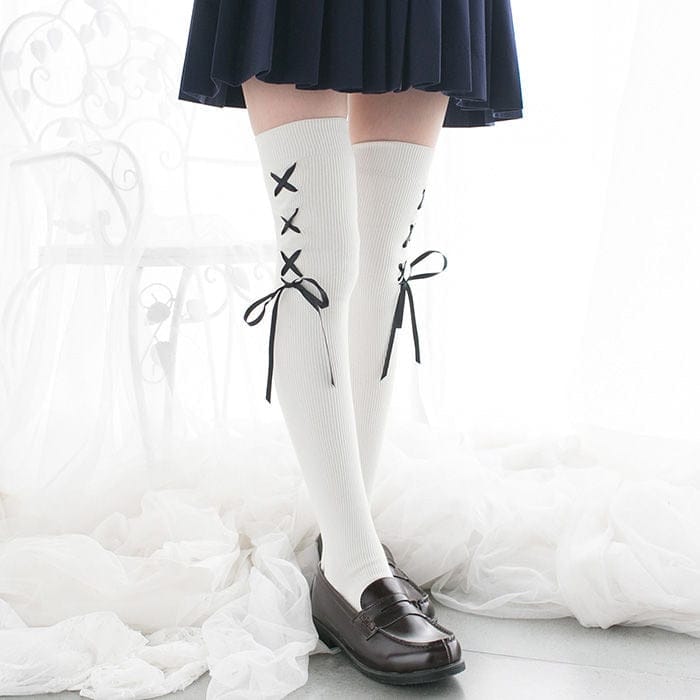Over Knee Cross Ribbon Stocking Socks One Size Fashion The Kawaii Shoppu