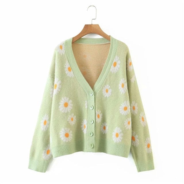 Retro Daisy Print Knitted Cardigan S Light Green Clothing and Accessories The Kawaii Shoppu