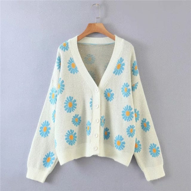Retro Daisy Print Knitted Cardigan XL White Clothing and Accessories The Kawaii Shoppu