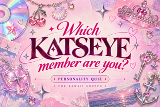 Which KATSEYE member are you? Personality quiz by The Kawaii Shoppu, with pink and lilac stars and glossy charms.