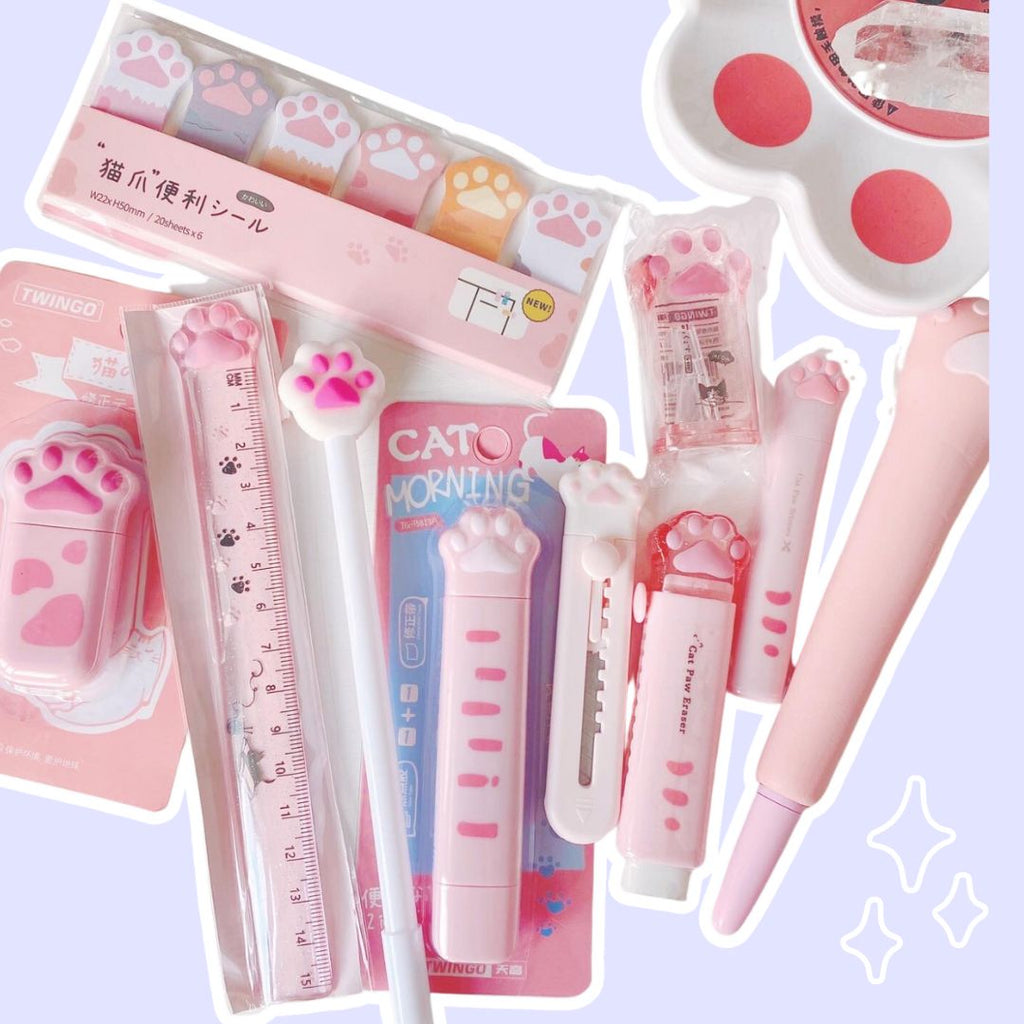 bundle of ten peices of pink kawaii cat paw themed stationery
