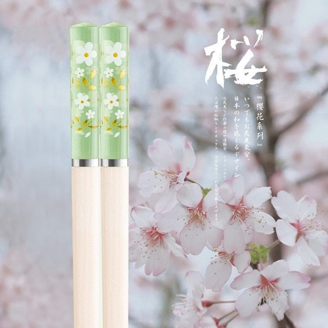 1 Pair Non-slip Japanese Sakura Chopsticks Green Home & Kitchen by The Kawaii Shoppu | The Kawaii Shoppu
