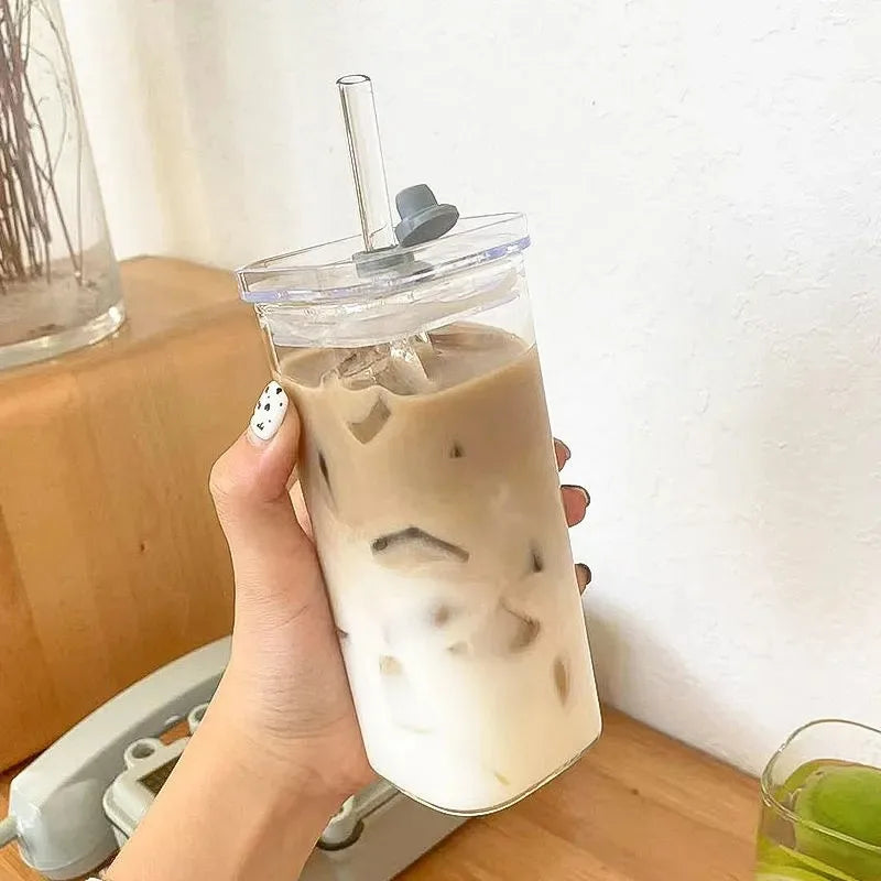 400ml Square Glass Coffee Cup with Lid & Straw