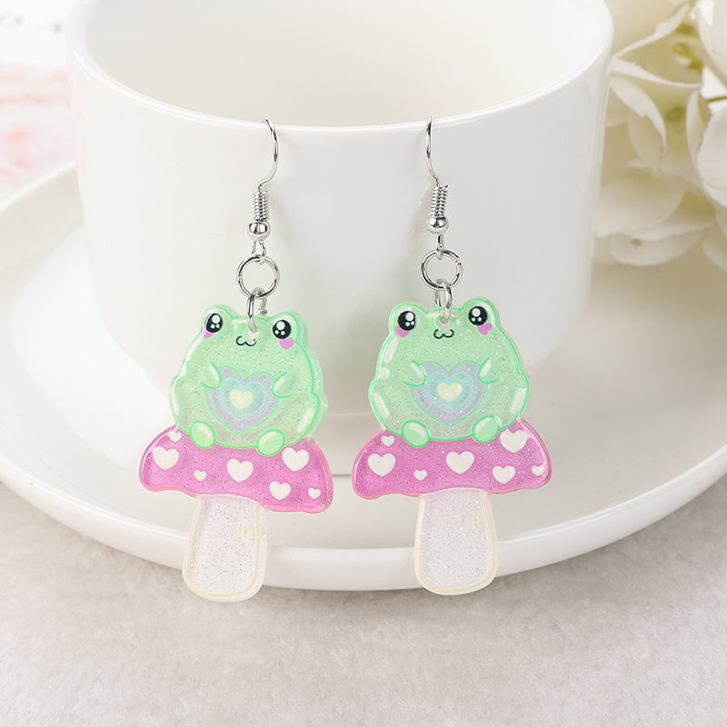 1Pair Cute Love Frog Resin Earrings Mushroom Frog Earrings by The Kawaii Shoppu | The Kawaii Shoppu