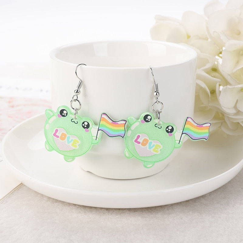 1Pair Cute Love Frog Resin Earrings Pride Flag Frog Earrings by The Kawaii Shoppu | The Kawaii Shoppu