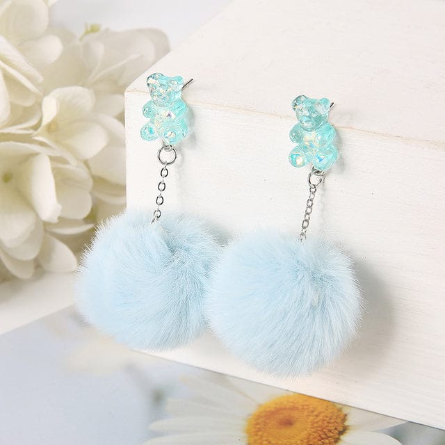 1Pair Pom Pom Bear Kawaii Earrings blue Jewellery The Kawaii Shoppu