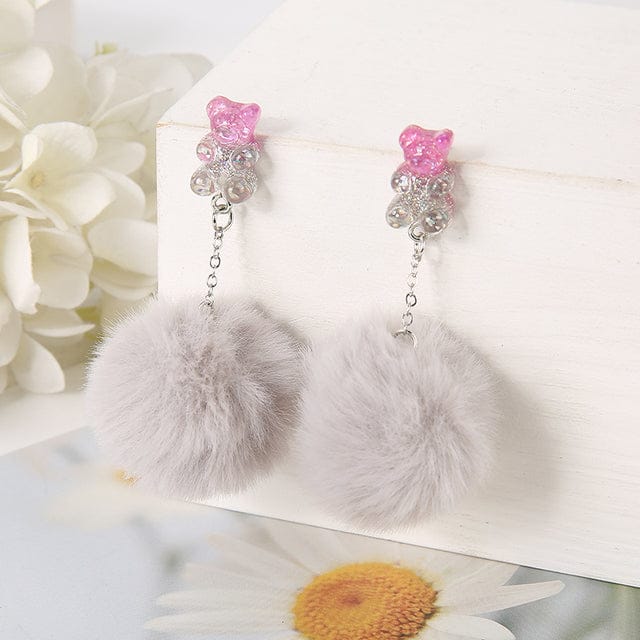 1Pair Pom Pom Bear Kawaii Earrings gray Jewellery The Kawaii Shoppu