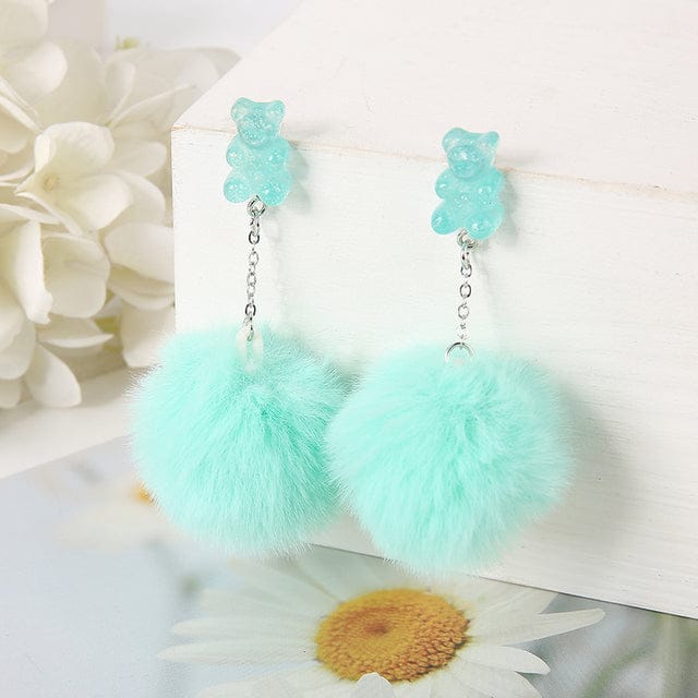 1Pair Pom Pom Bear Kawaii Earrings green Jewellery The Kawaii Shoppu